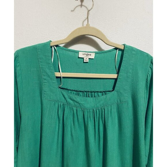 Umgee Top Womens Medium Bright Green Ruffle Bell Sleeve Linen Blend Fringe Hem - Picture 3 of 9